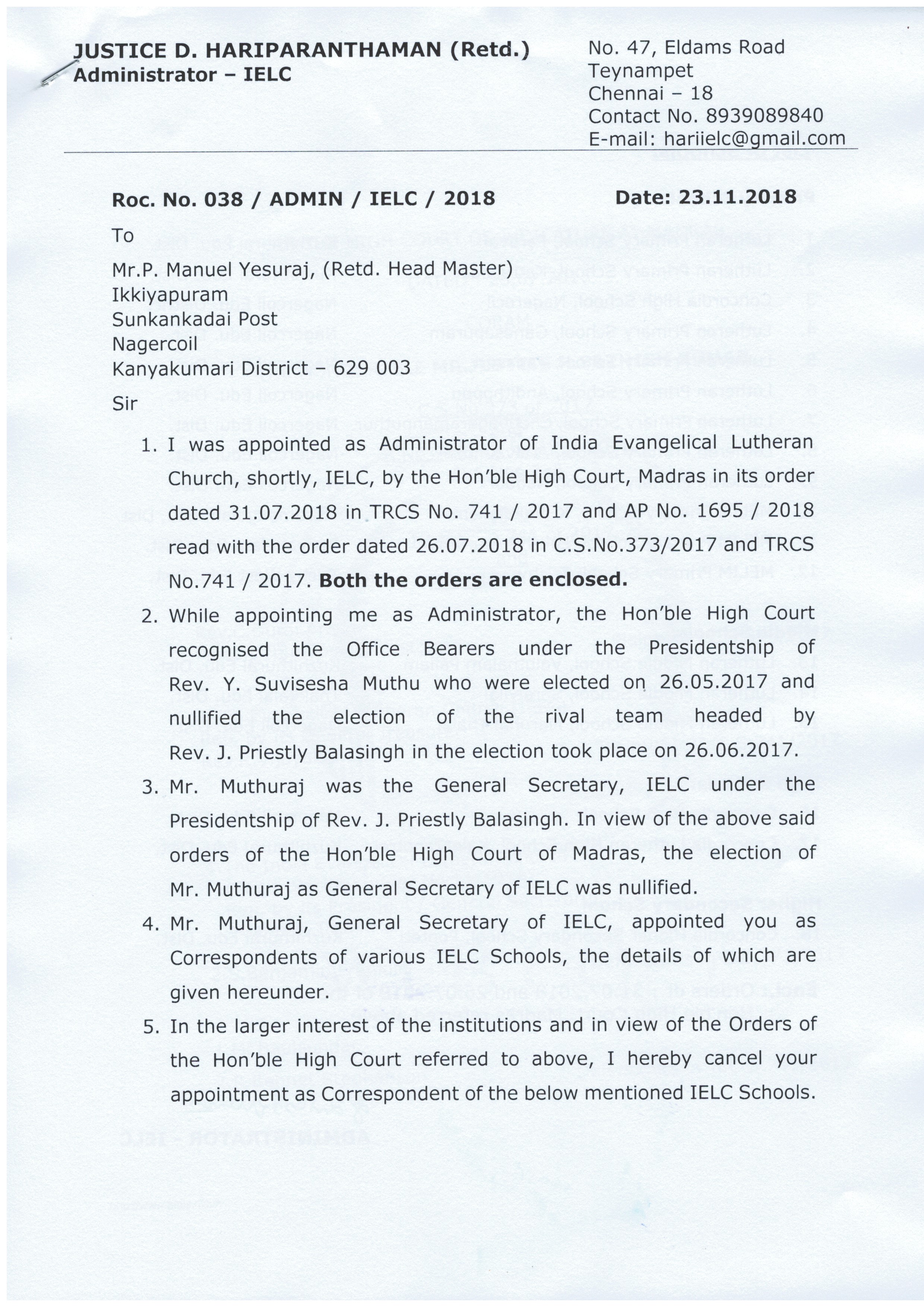 23.11.2018 : Cancellation of Correspondentship of Mr.P. Manuel Yesuraj, (Retd. Head Master) of the IELC Schools in Nagercoil Synod — 1/2