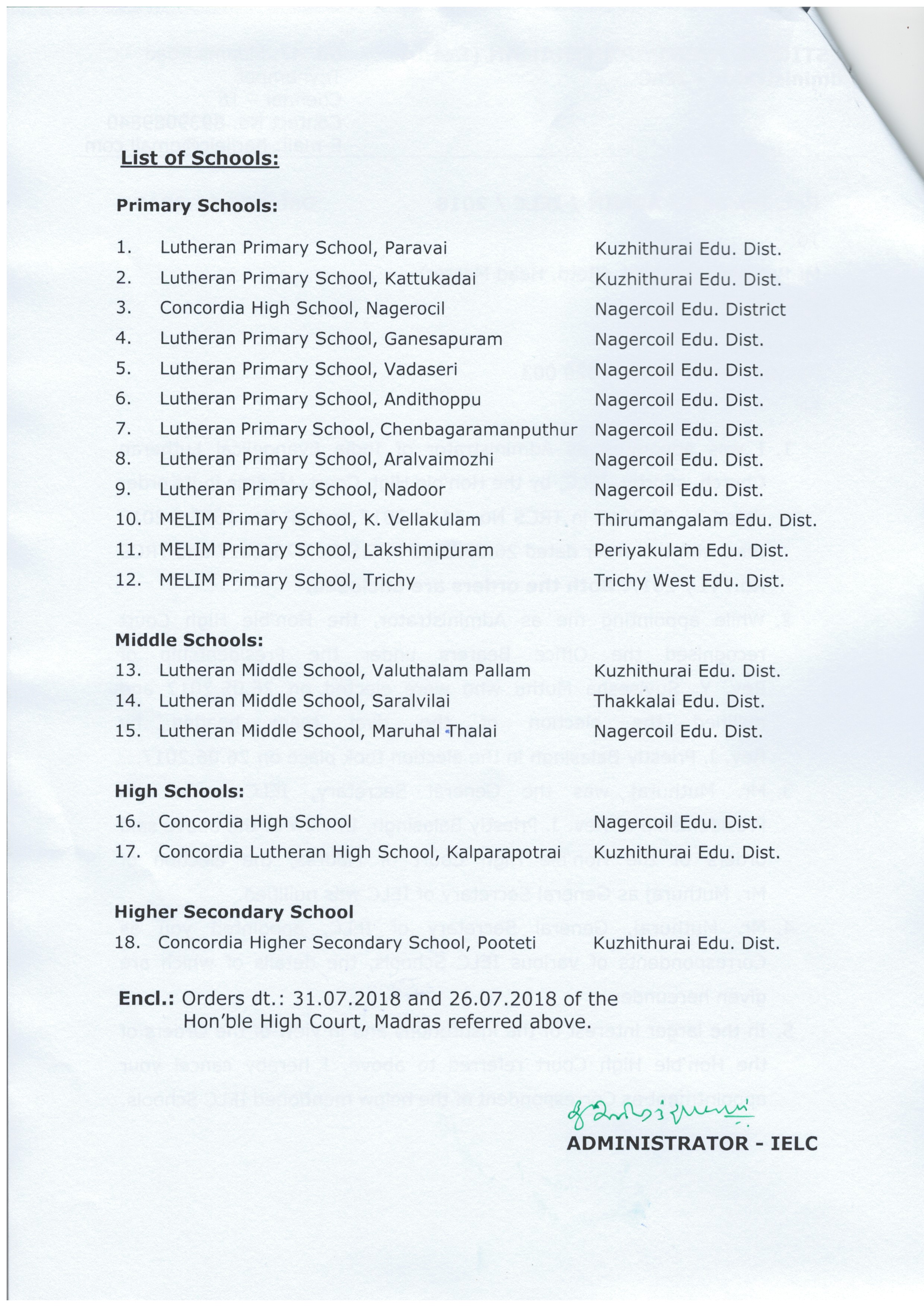 23.11.2018 : Cancellation of Correspondentship of Mr.P. Manuel Yesuraj, (Retd. Head Master) of the IELC Schools in Nagercoil Synod — 2/2