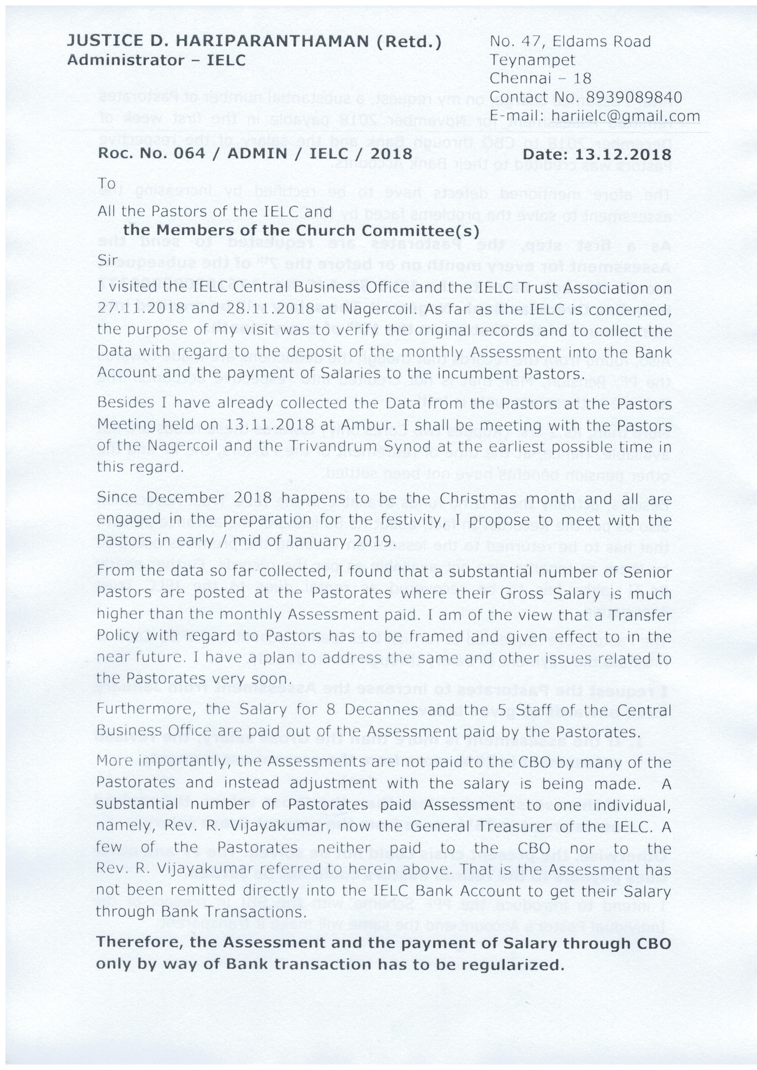 13.12.2018 : Letter sent to all Pastorates in all the 3 Synods — 1/3
