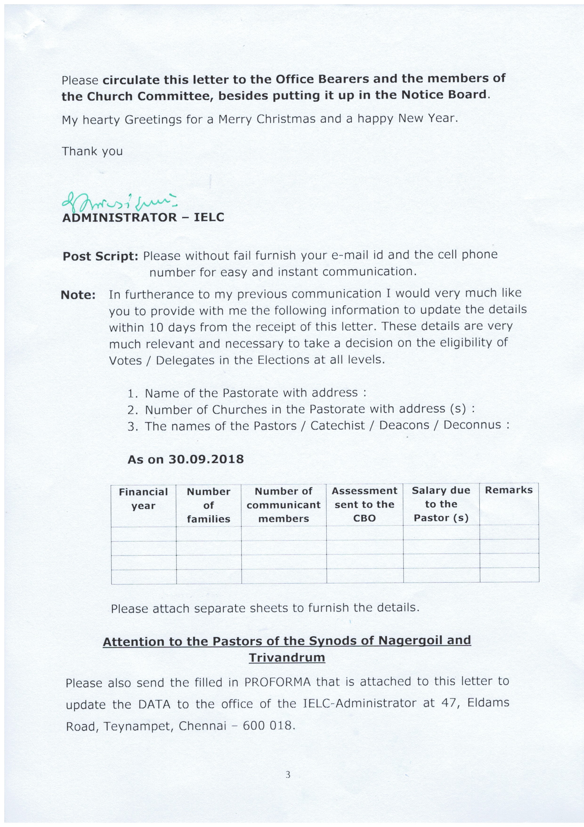 13.12.2018 : Letter sent to all Pastorates in all the 3 Synods — 3/3
