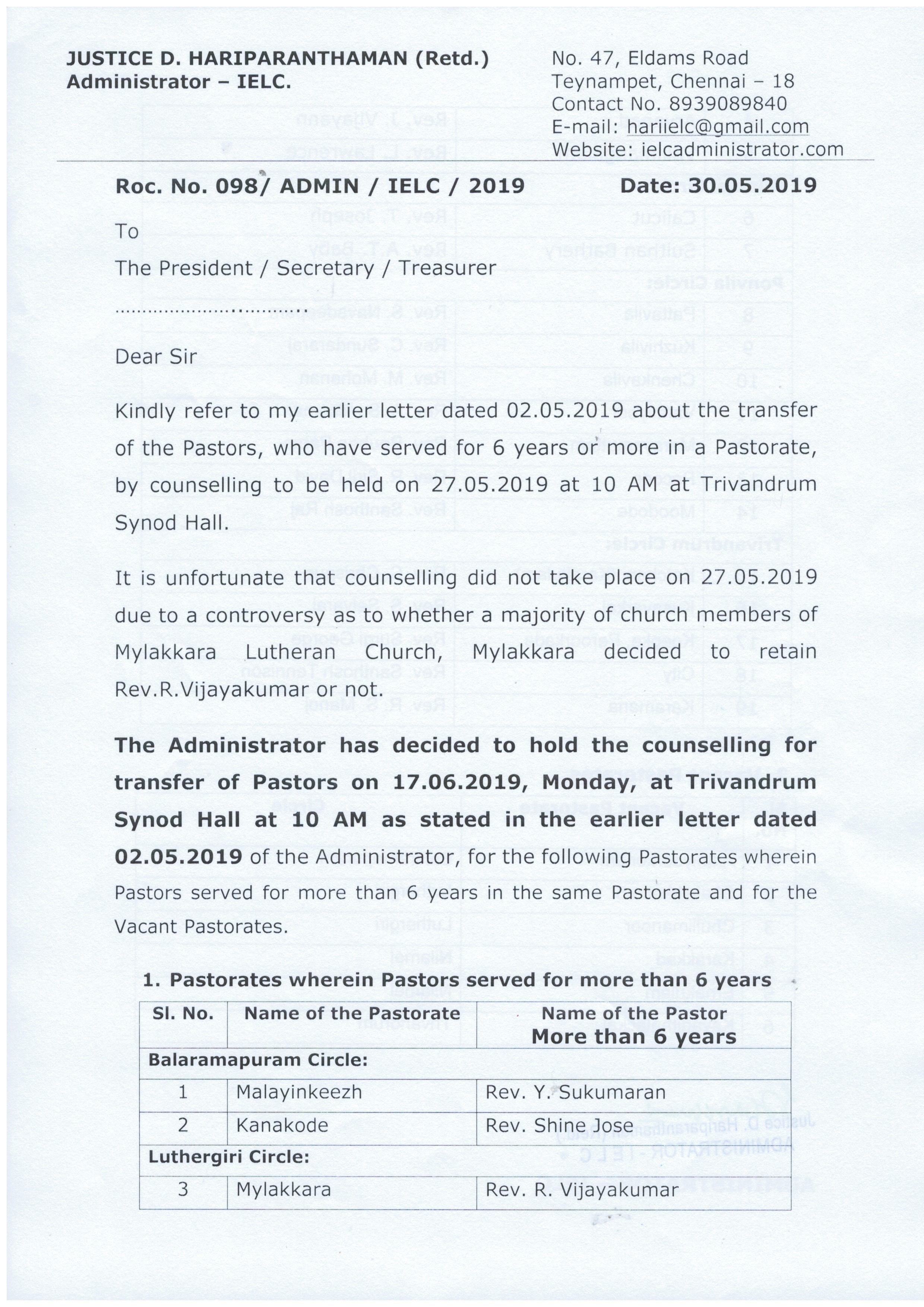Reason for the cancellation of Transfer counselling scheduled on 27th May 2019 in Trivandrum Synod — 1/2