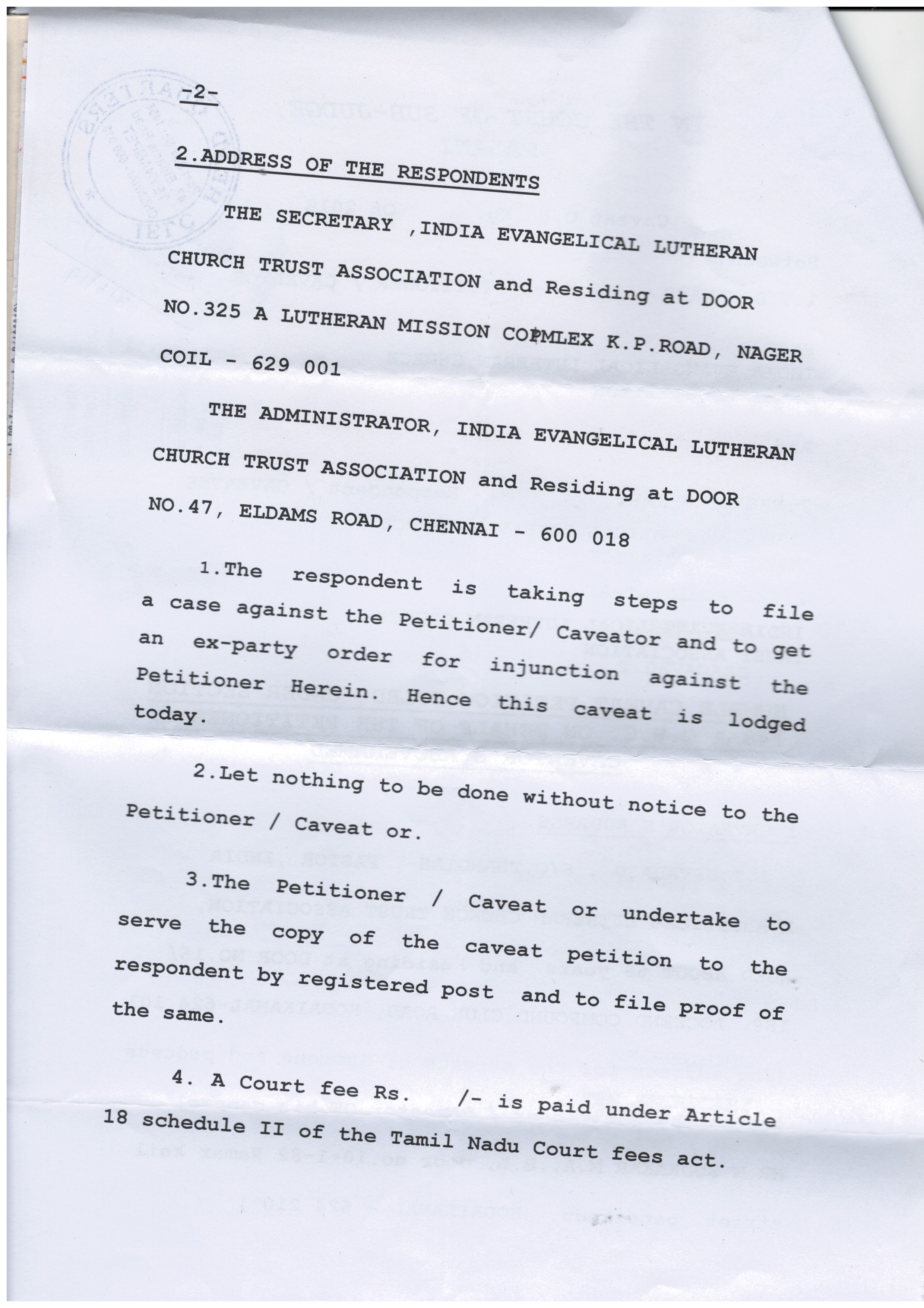 IELC rewriting the own history in Kodaikanal – Rev. T. Devadass (Retd.) Caveat – in three court namely Palani, Dindigul and Kodaikanal and Mrs. Therasa Devadass letter — 2/17