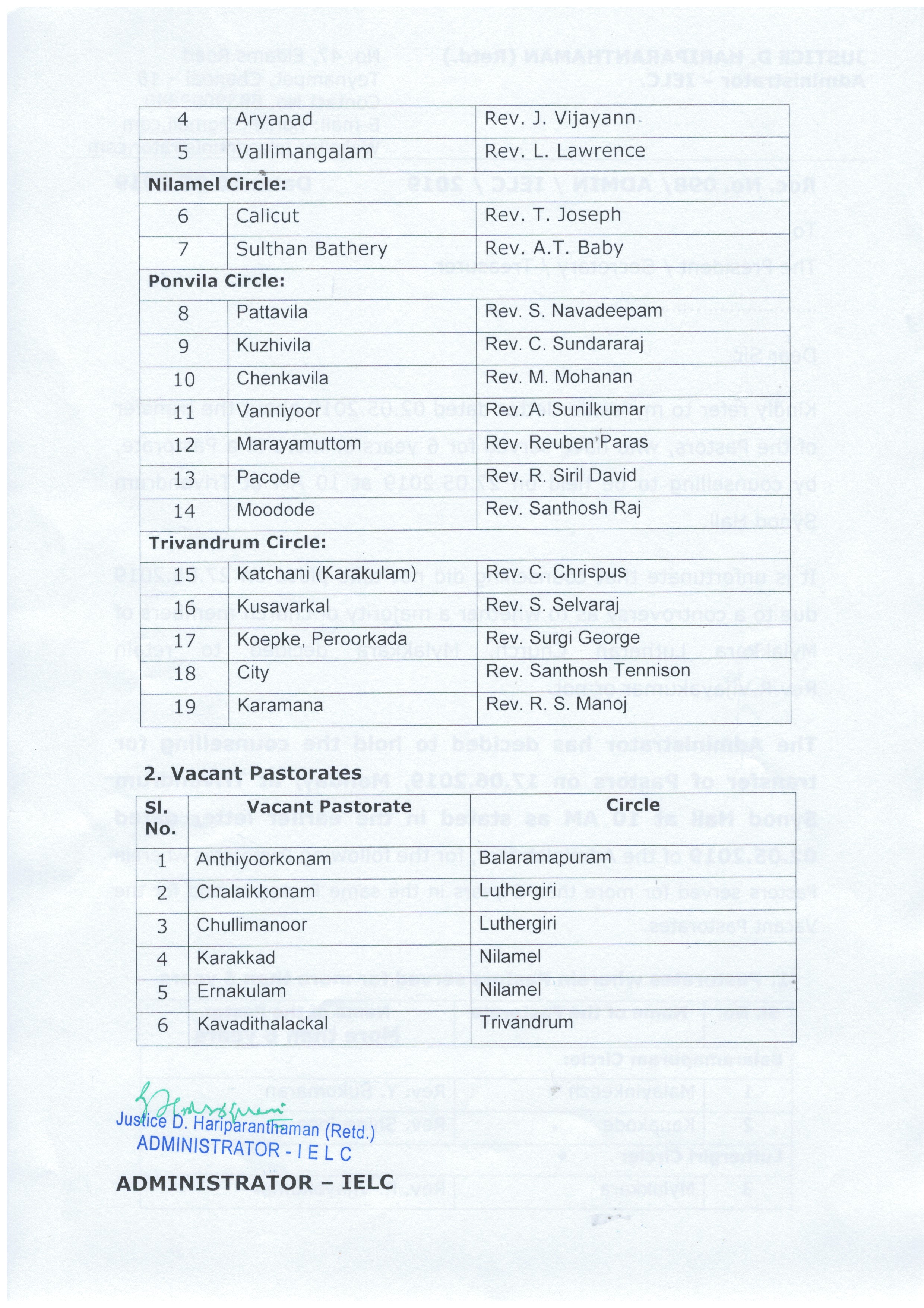 Reason for the cancellation of Transfer counselling scheduled on 27th May 2019 in Trivandrum Synod — 2/2
