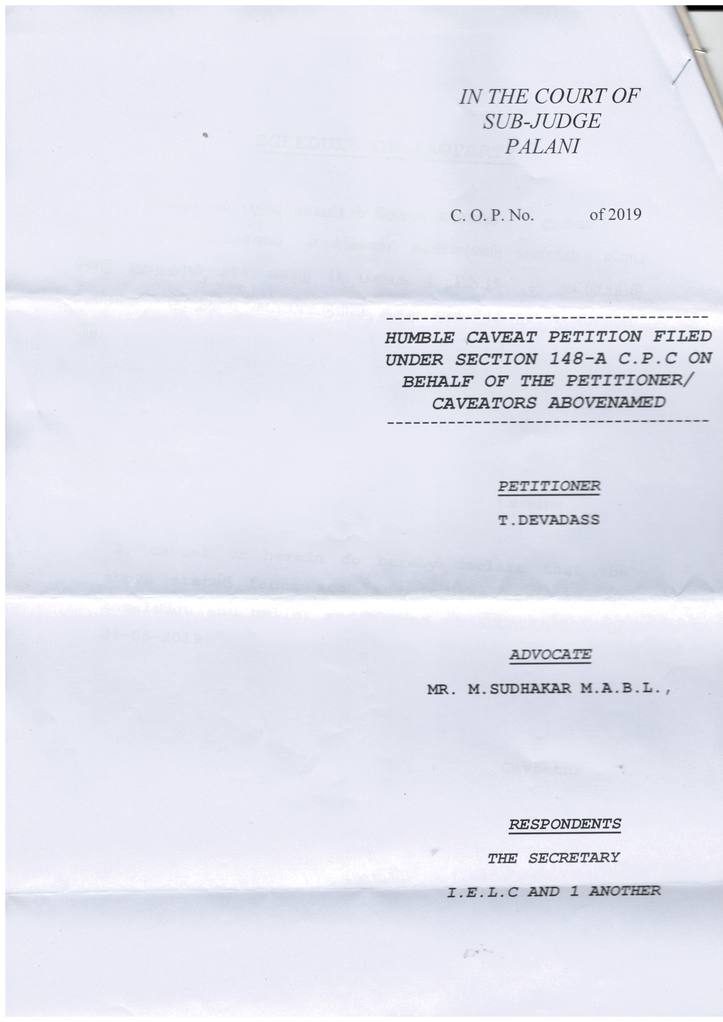 IELC rewriting the own history in Kodaikanal – Rev. T. Devadass (Retd.) Caveat – in three court namely Palani, Dindigul and Kodaikanal and Mrs. Therasa Devadass letter — 5/17