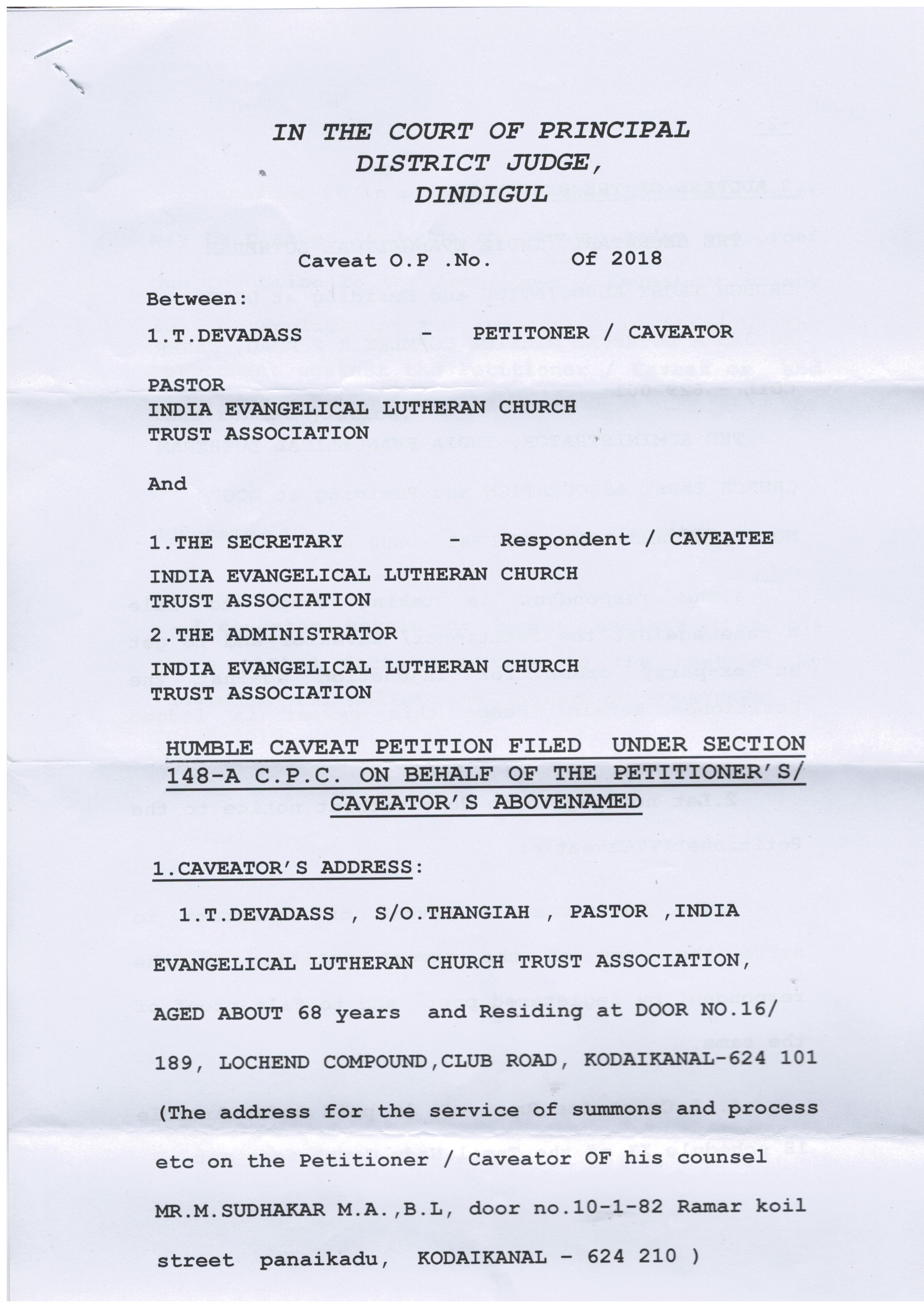 IELC rewriting the own history in Kodaikanal – Rev. T. Devadass (Retd.) Caveat – in three court namely Palani, Dindigul and Kodaikanal and Mrs. Therasa Devadass letter — 6/17