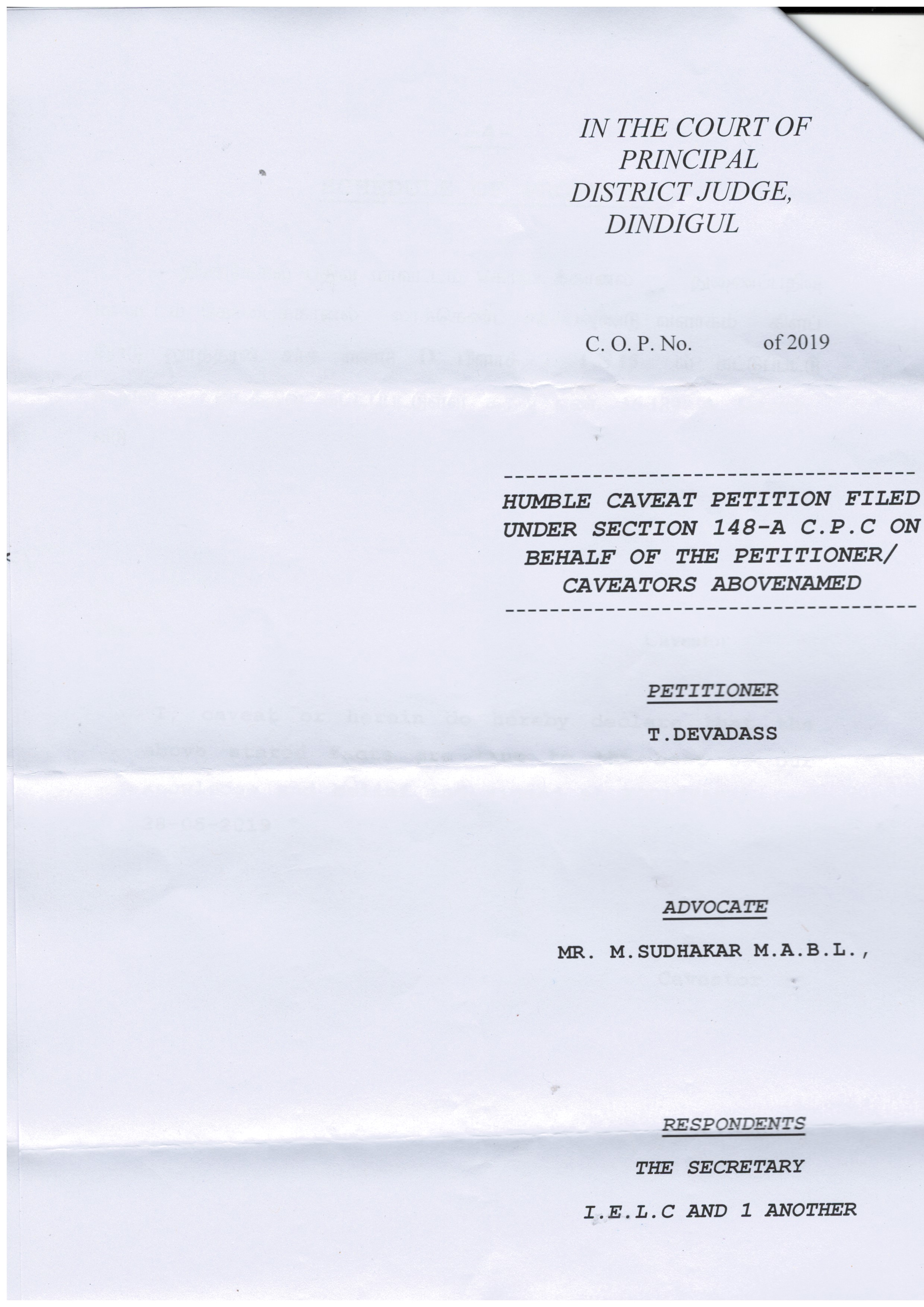 IELC rewriting the own history in Kodaikanal – Rev. T. Devadass (Retd.) Caveat – in three court namely Palani, Dindigul and Kodaikanal and Mrs. Therasa Devadass letter — 10/17