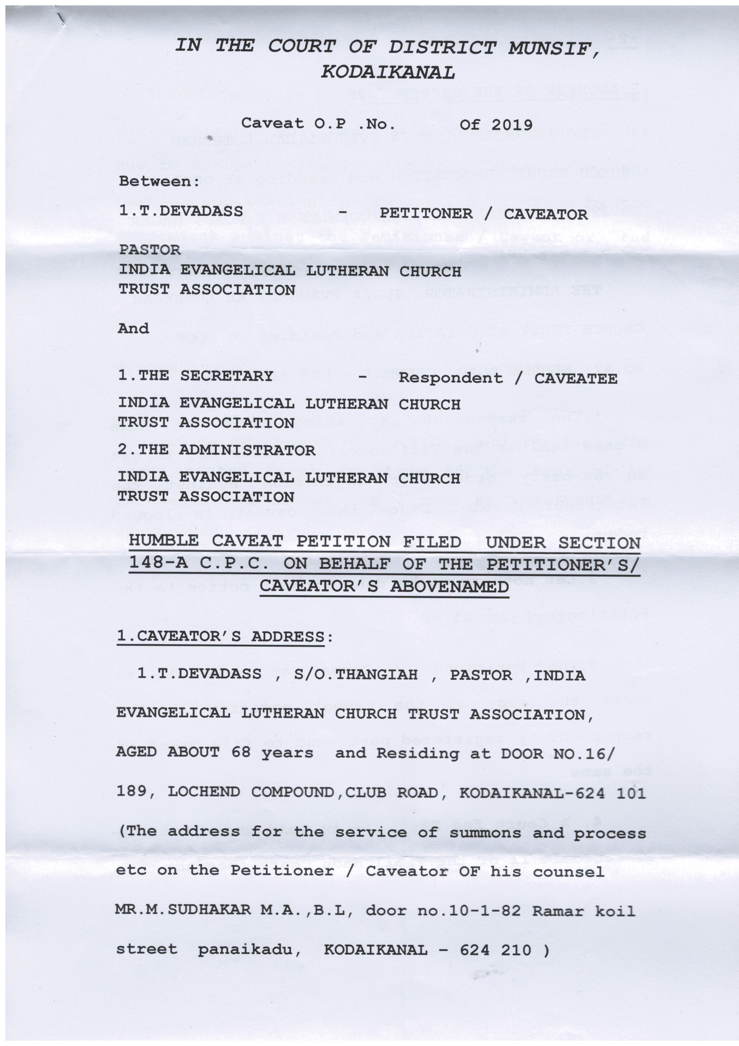 IELC rewriting the own history in Kodaikanal – Rev. T. Devadass (Retd.) Caveat – in three court namely Palani, Dindigul and Kodaikanal and Mrs. Therasa Devadass letter — 11/17