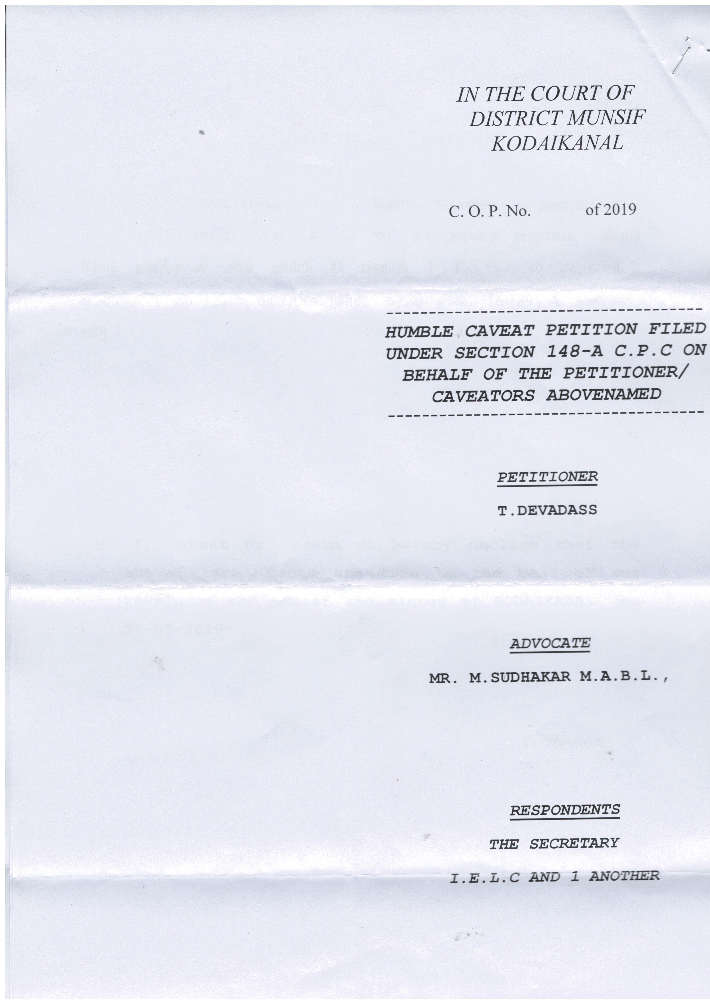 IELC rewriting the own history in Kodaikanal – Rev. T. Devadass (Retd.) Caveat – in three court namely Palani, Dindigul and Kodaikanal and Mrs. Therasa Devadass letter — 15/17