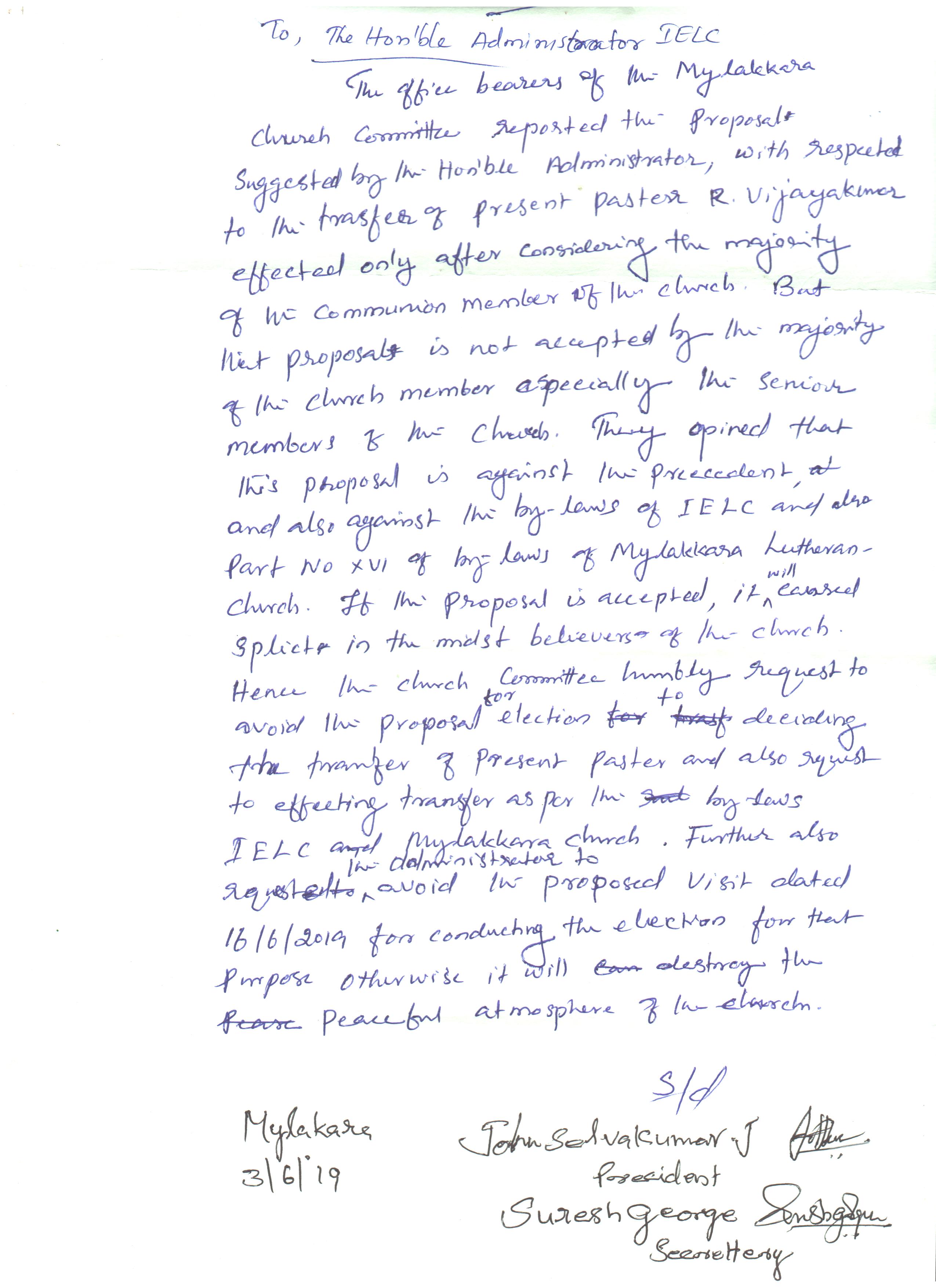 Reply Mail sent to Mylakkara Pastorate, Trivandrum Synod on 11.06.2019