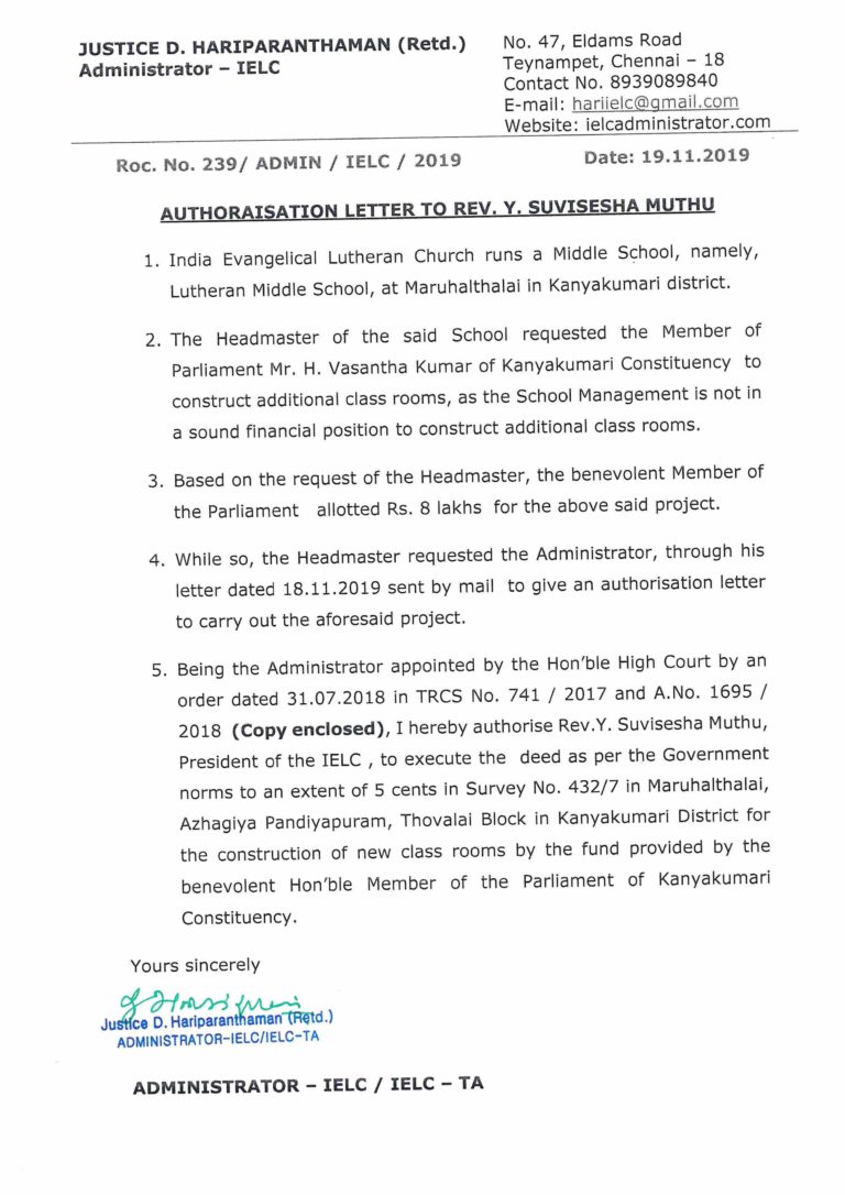 Authorisation Letter to Rev. Y. Suvisesha Muthu, President – IELC ...