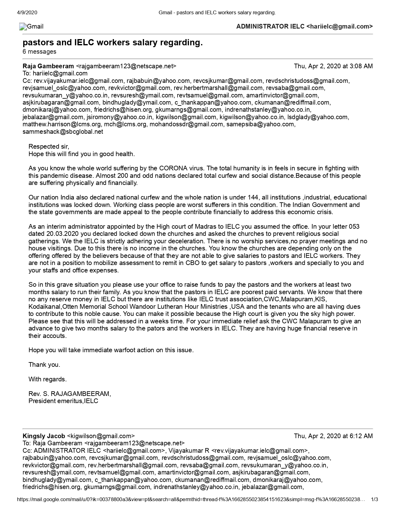 Reply mail sent to Rev. Rajagambeeram, Ambur