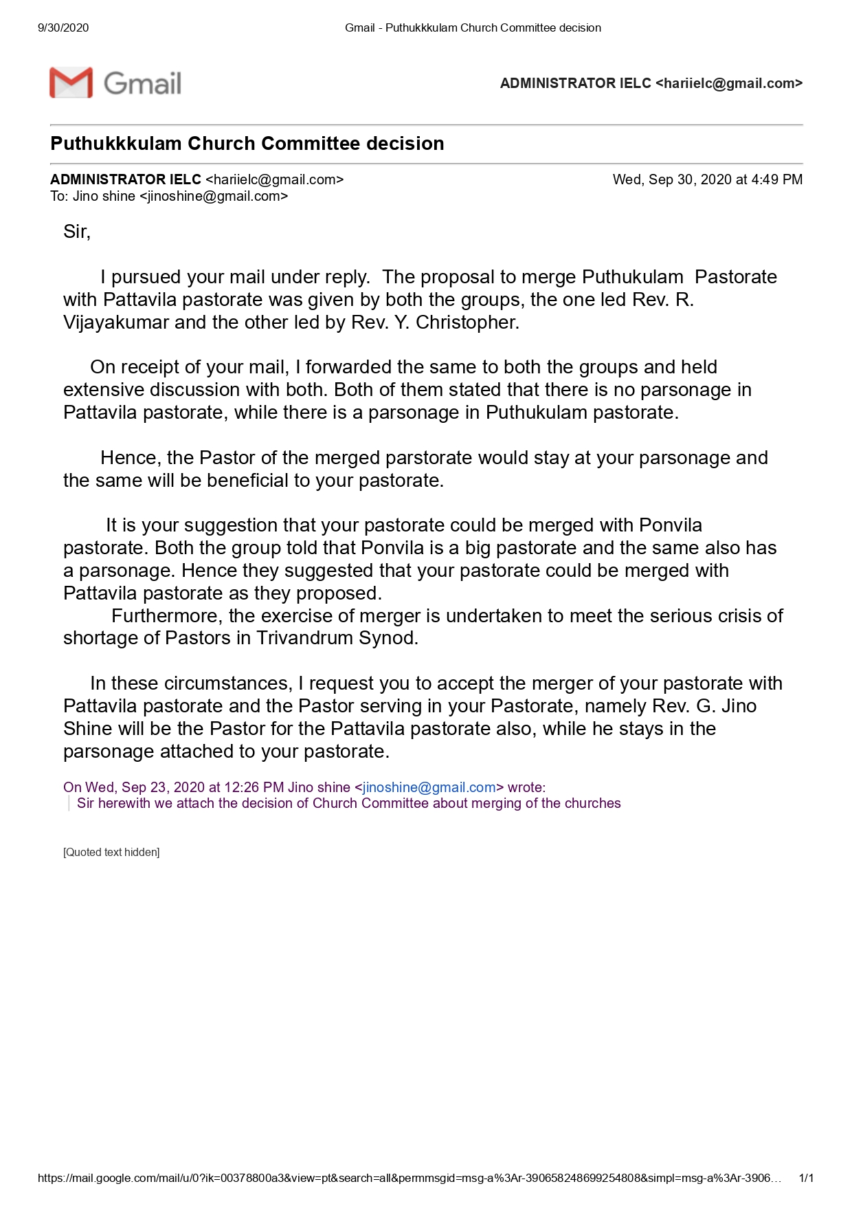 Mail sent to Puthukulam Pastorate, Trivandrum Synod