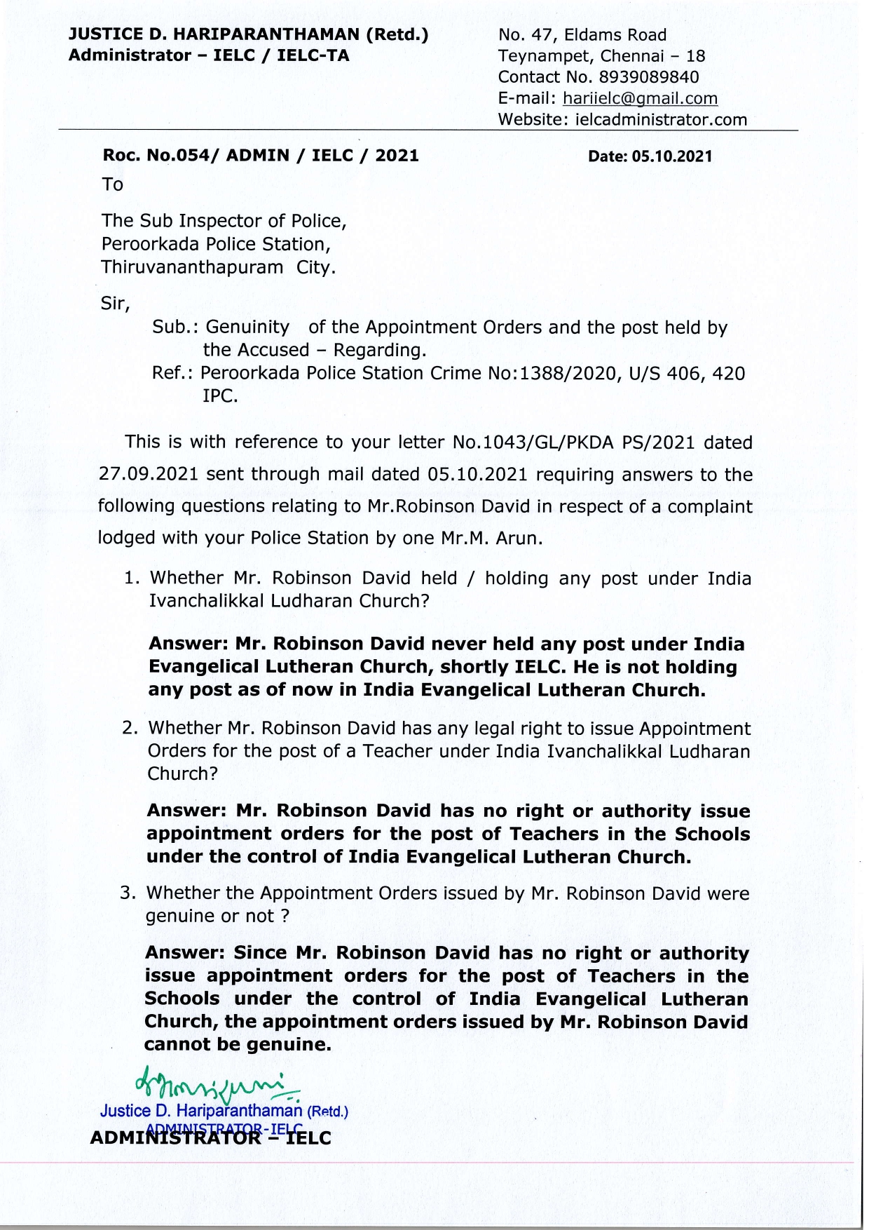 Letter Sent The Sub Inspector Of Police Peroorkada Police Station write-a-letter-to-sub-inspector-of-police-of-your-area-describing-the